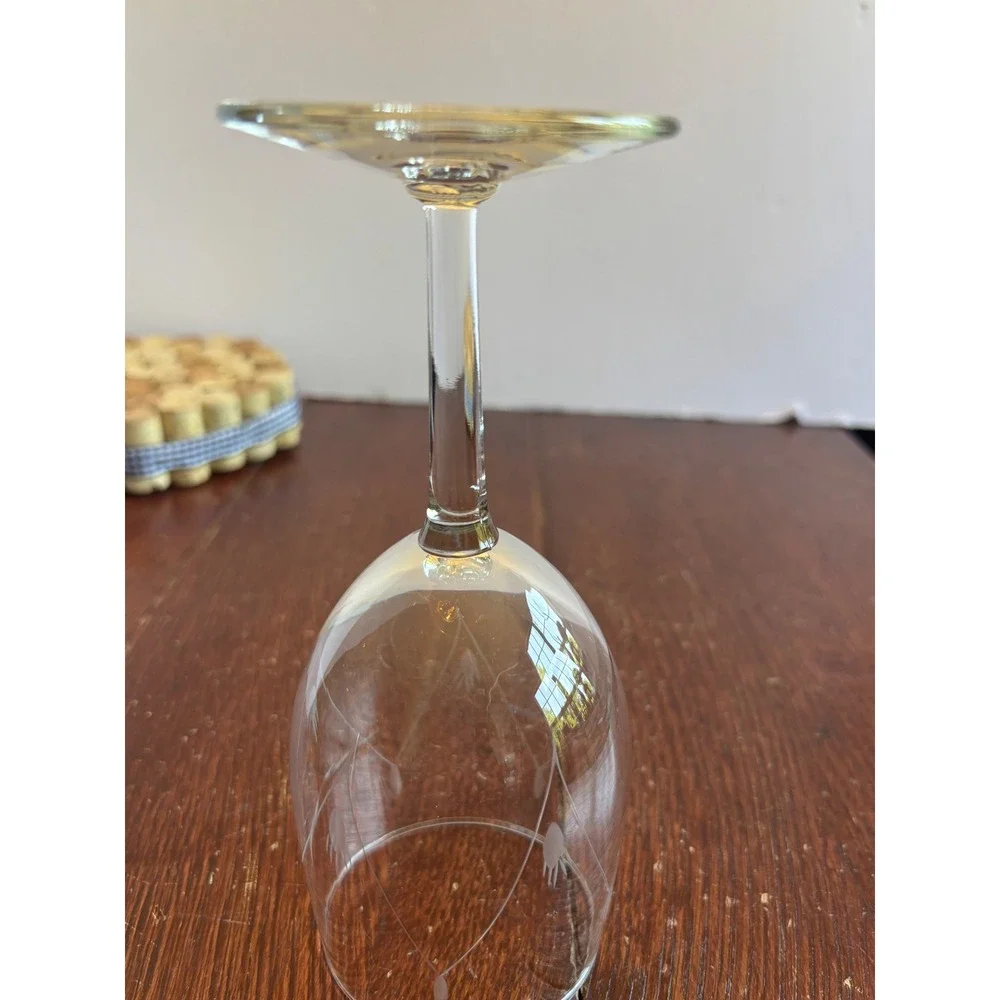 Vintage Etched Wheat Glass Wine Goblet Clear Stemmed Water Glass 7 Inch